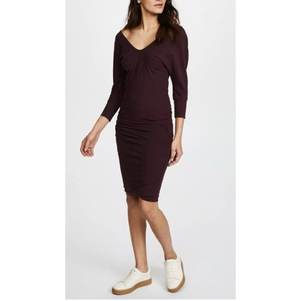 James Perse 4 Dress XL Plum Brown Cotton Long Sleeve Stretch Sheath Ruched $228
